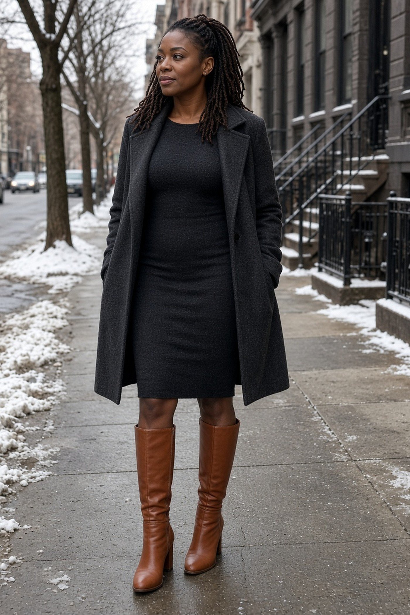 Petite woman in a charcoal coat and slim cognac knee-high boots