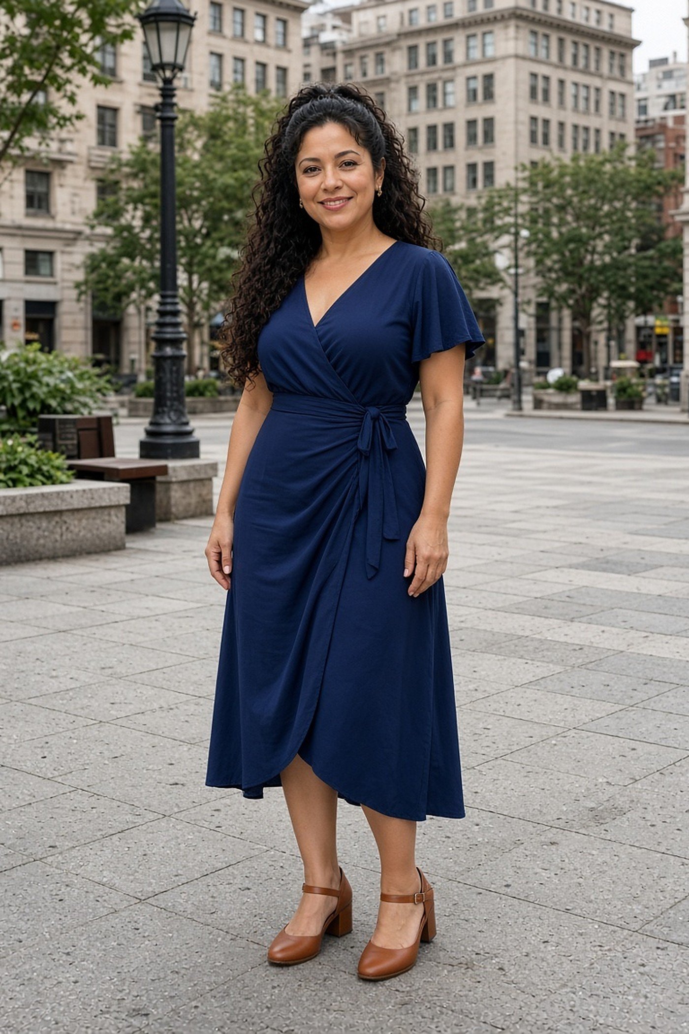 Petite woman in a navy wrap dress with low cognac block heels
