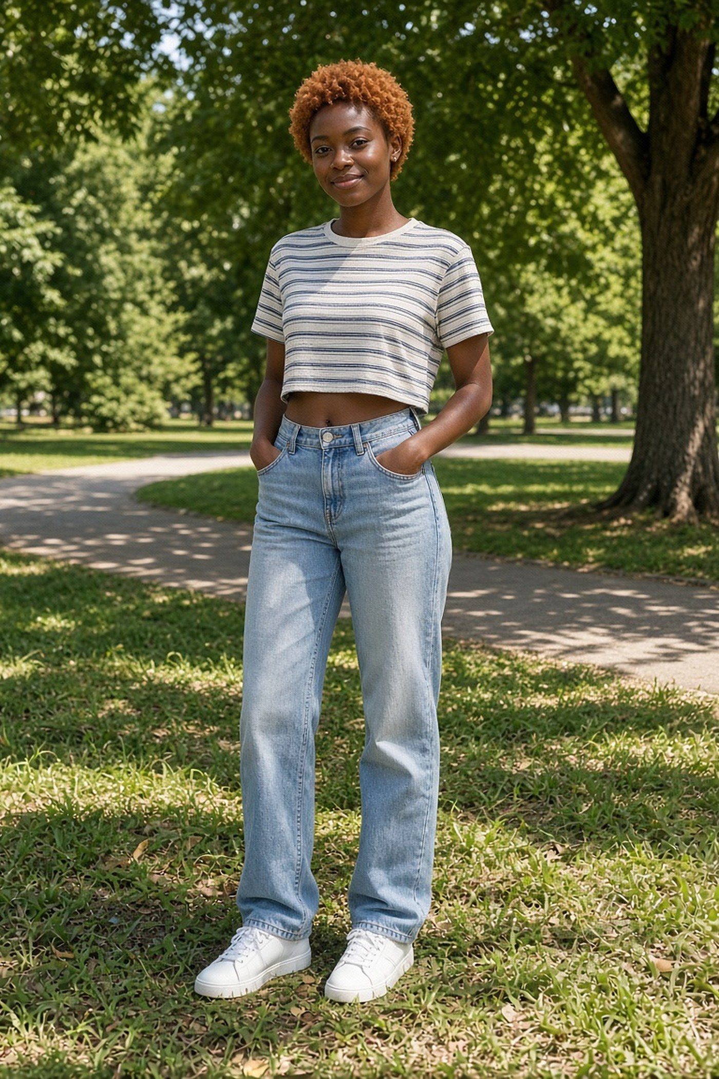 Petite woman in cropped jeans and slim white sneakers