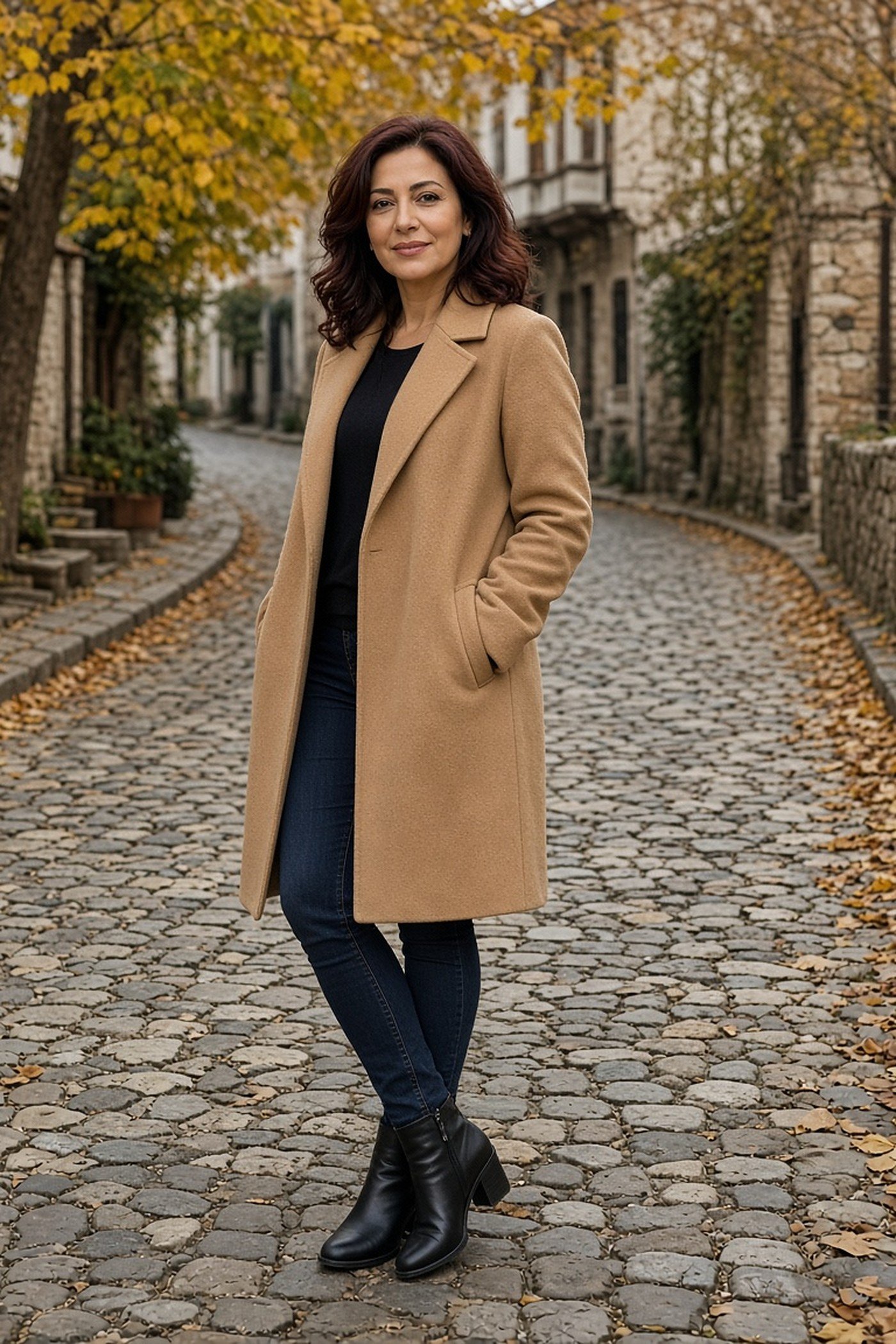 Petite woman in a camel coat, dark jeans and black stacked-heel ankle boots