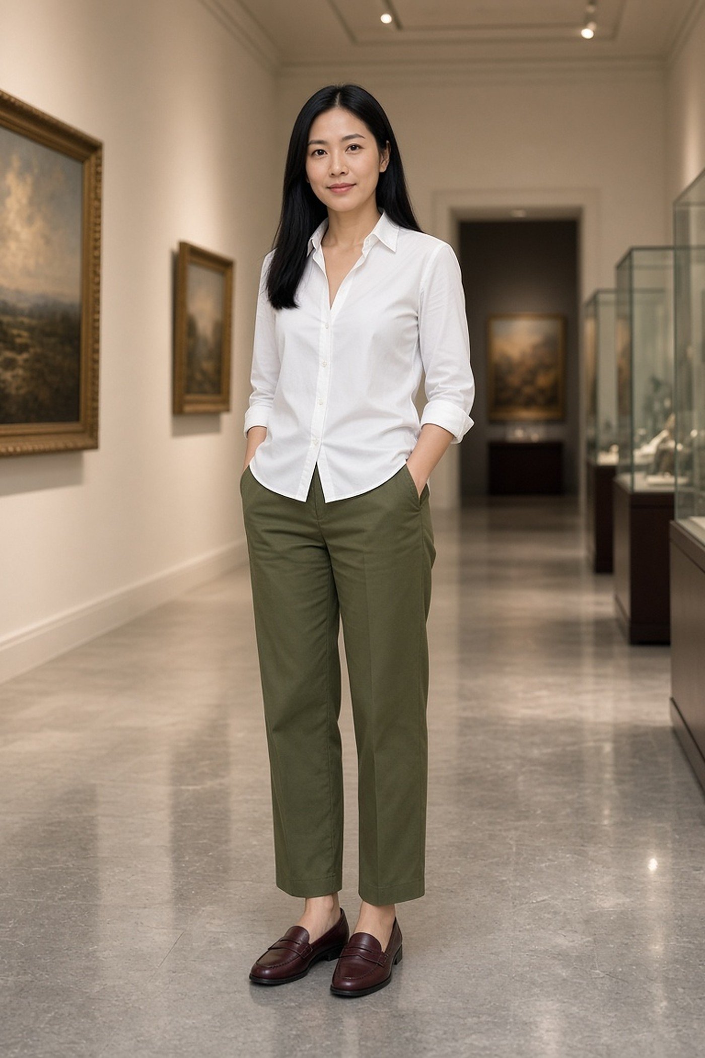 Petite woman in olive cropped trousers and burgundy penny loafers