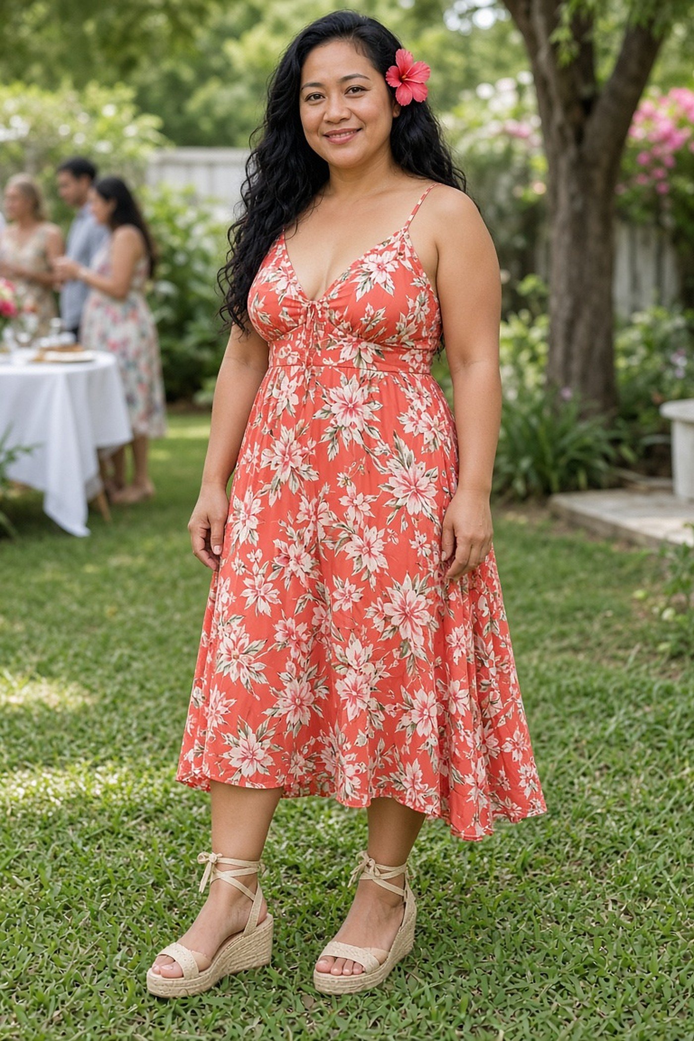 Petite woman in a coral floral sundress and espadrille wedges