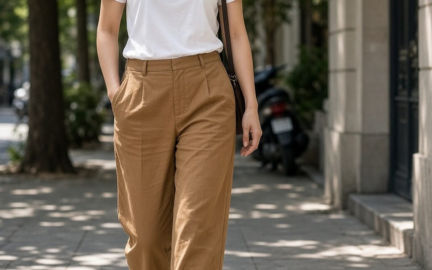 Petite woman in cropped camel trousers and tan block-heel sandals on a city street