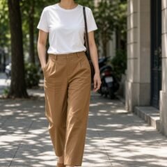 Petite woman in cropped camel trousers and tan block-heel sandals on a city street