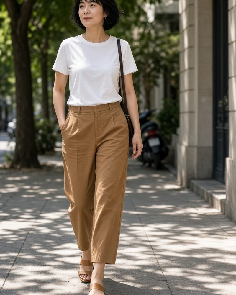 Petite woman in cropped camel trousers and tan block-heel sandals on a city street