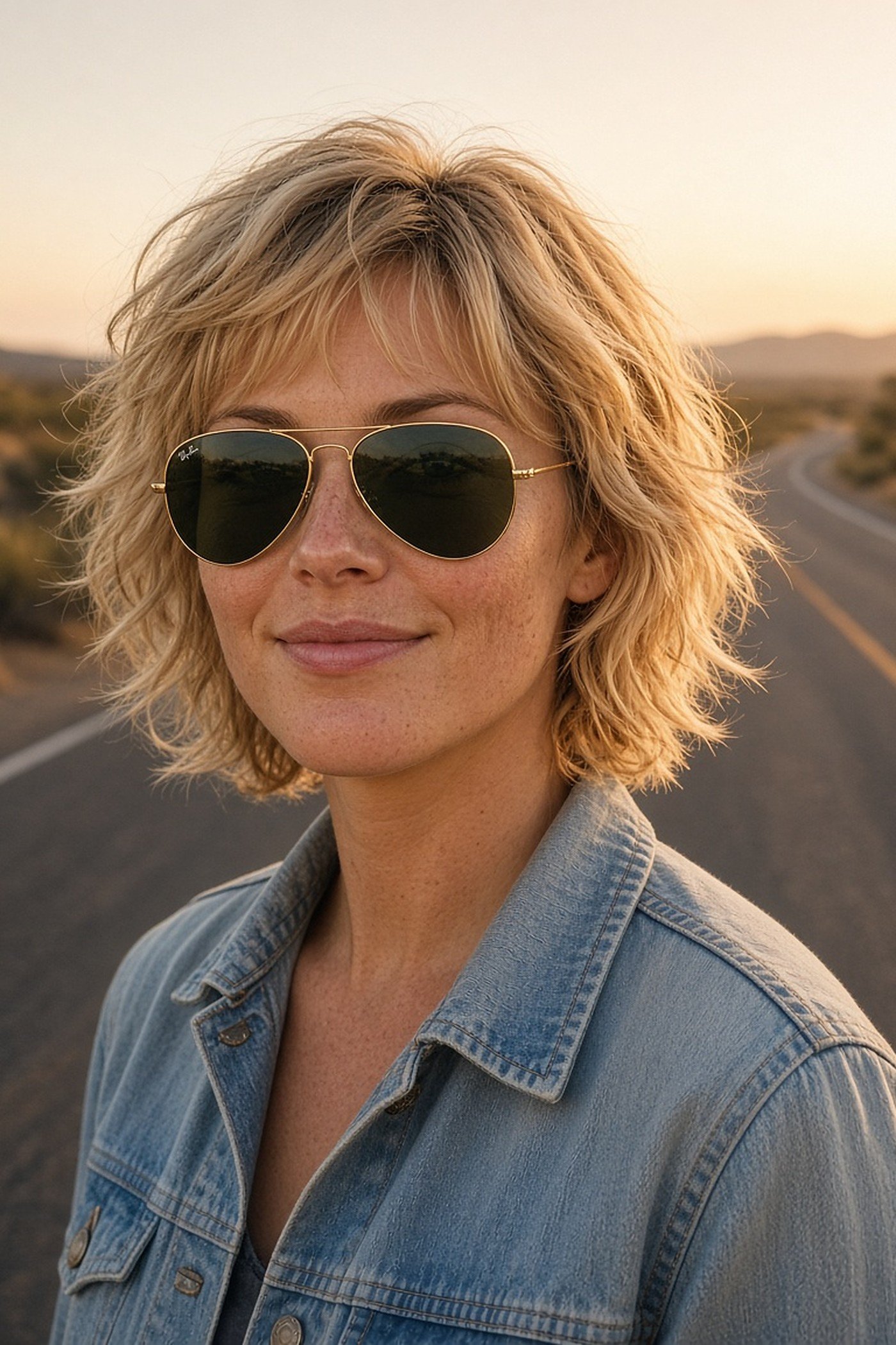 Woman in her 30s wearing gold aviator sunglasses and a denim jacket