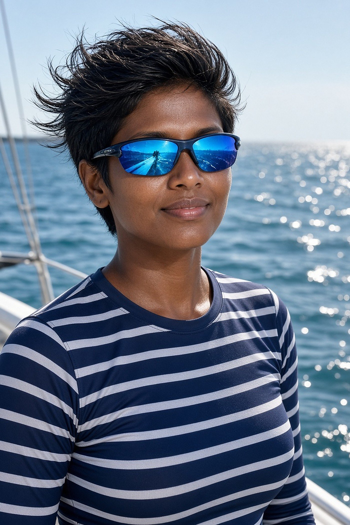 Woman in her 30s in blue mirrored polarized sunglasses on a sailboat