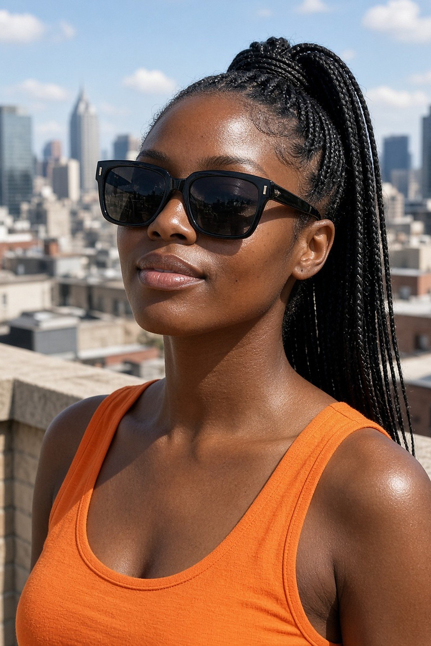 Woman in her 30s in oversized square black sunglasses on a city rooftop