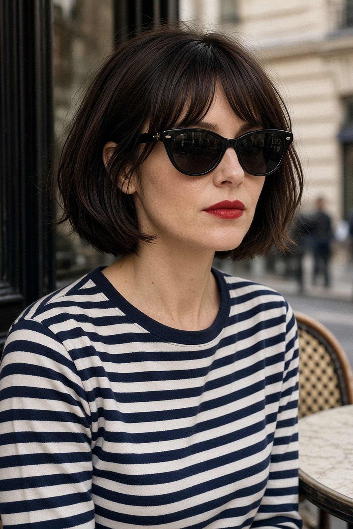 Woman in her 30s in black cat-eye sunglasses and a Breton top at a cafe