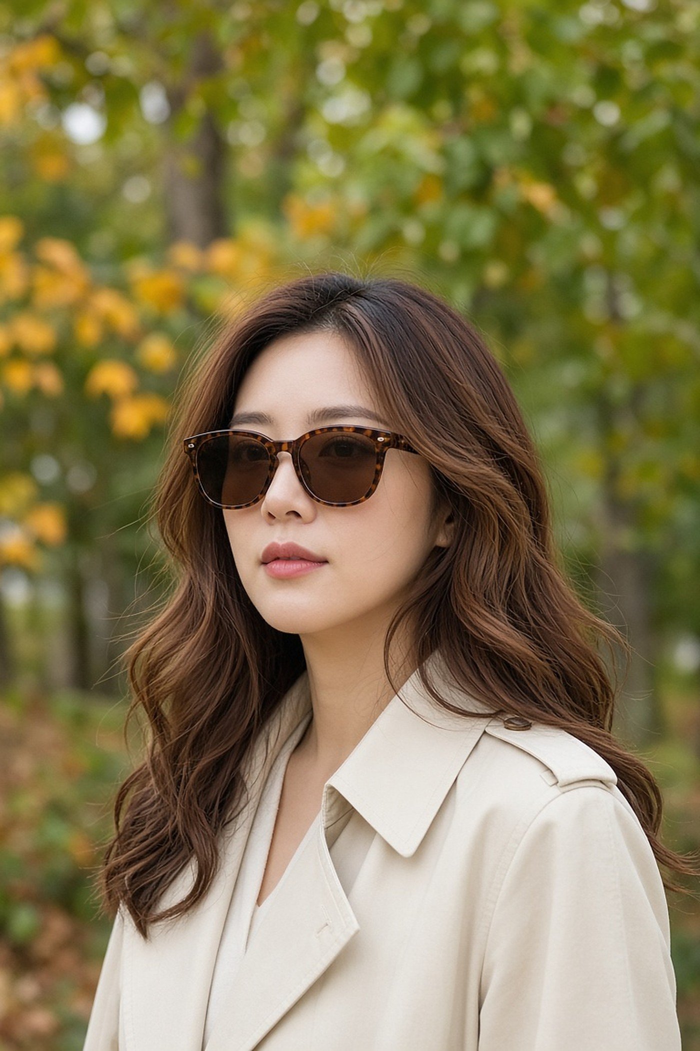 Woman in her 30s in tortoiseshell sunglasses and a cream trench coat