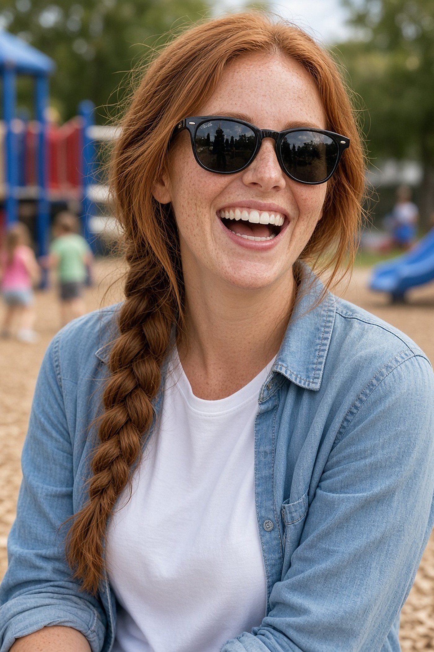 Woman in her 30s in black wayfarer-style sunglasses at a playground
