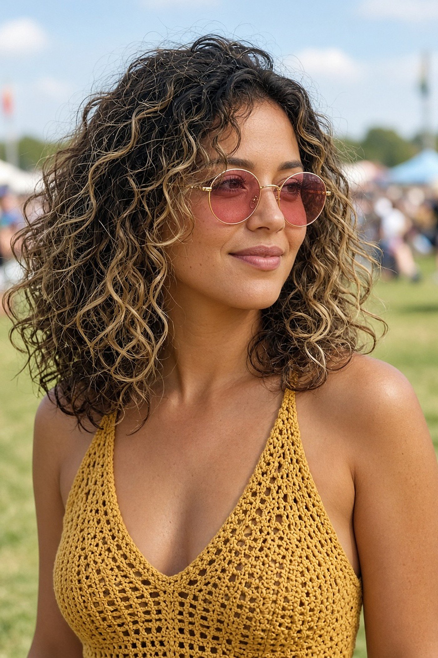 Woman in her 30s in rose-tinted round sunglasses at a summer festival