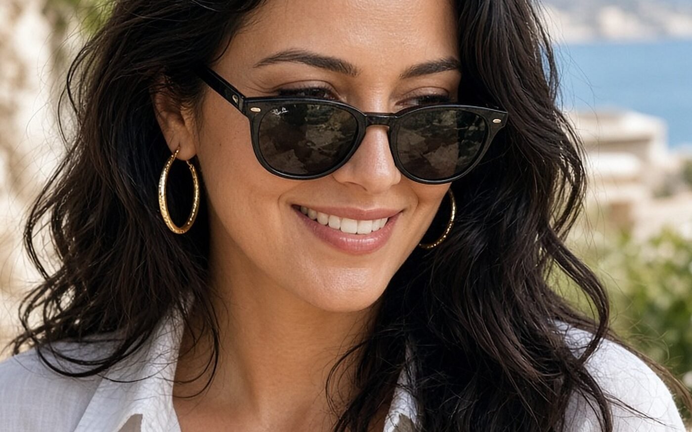 Woman in her 30s in oversized black sunglasses and a white linen shirt on a sunny terrace
