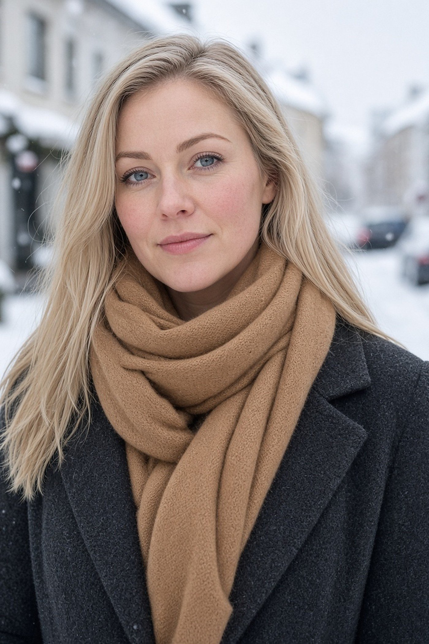 Woman in her 30s wearing a camel cashmere scarf in the snow