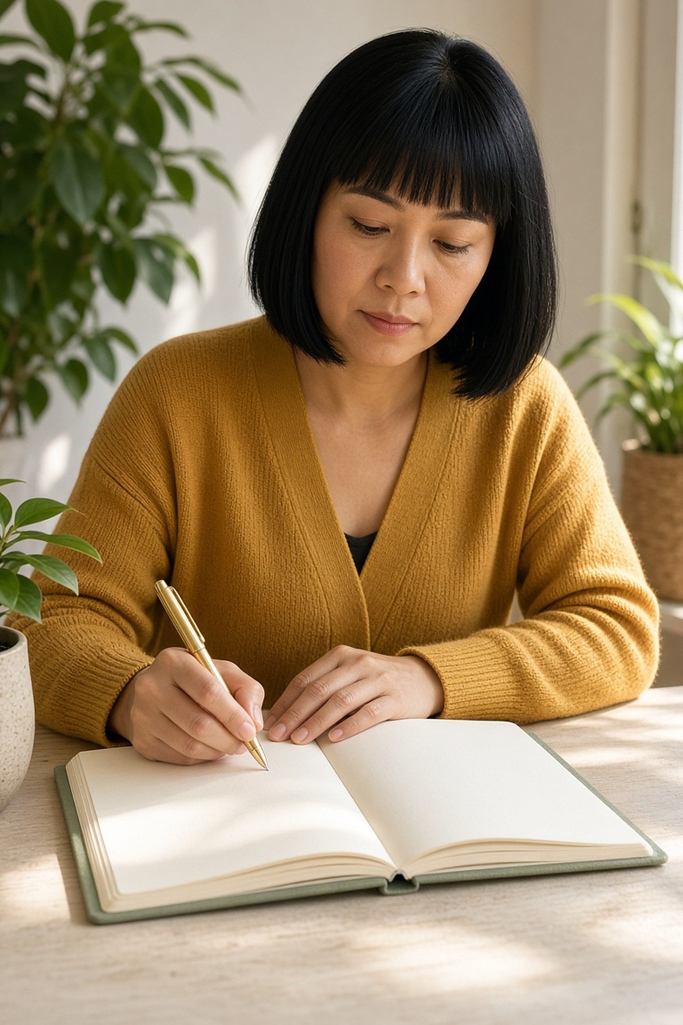 Woman in her 30s writing in a linen-covered notebook