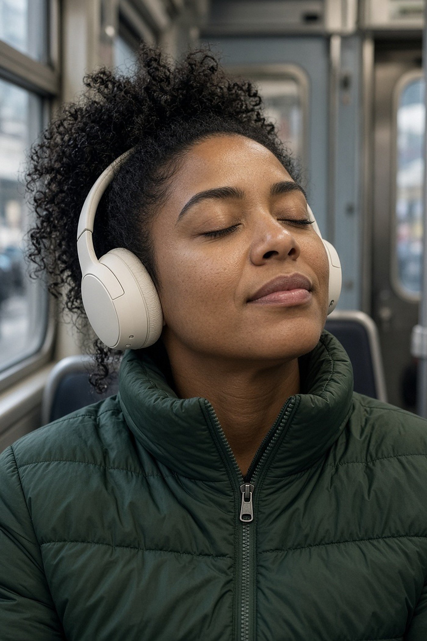 Woman in her 30s wearing cream wireless headphones on a train