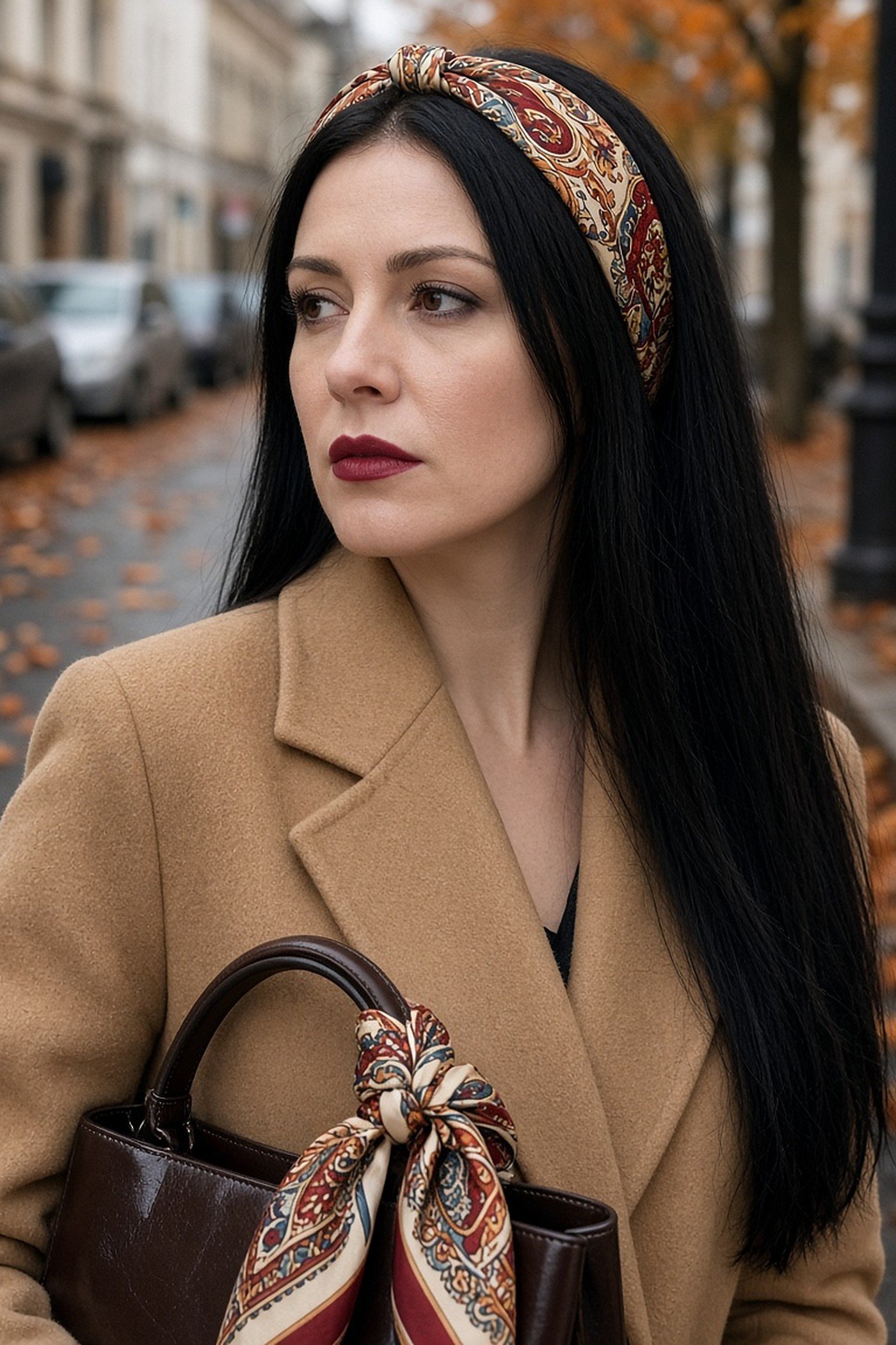Woman in her 30s with a silk scarf headband and scarf on her bag
