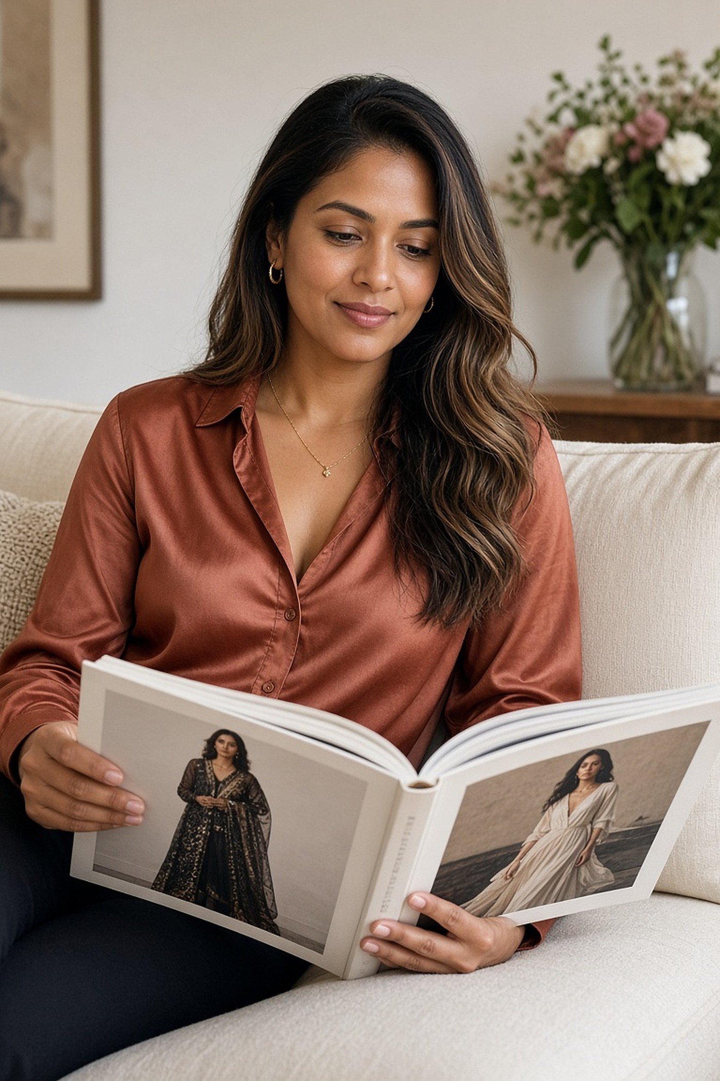 Woman in her 30s browsing a fashion coffee table book