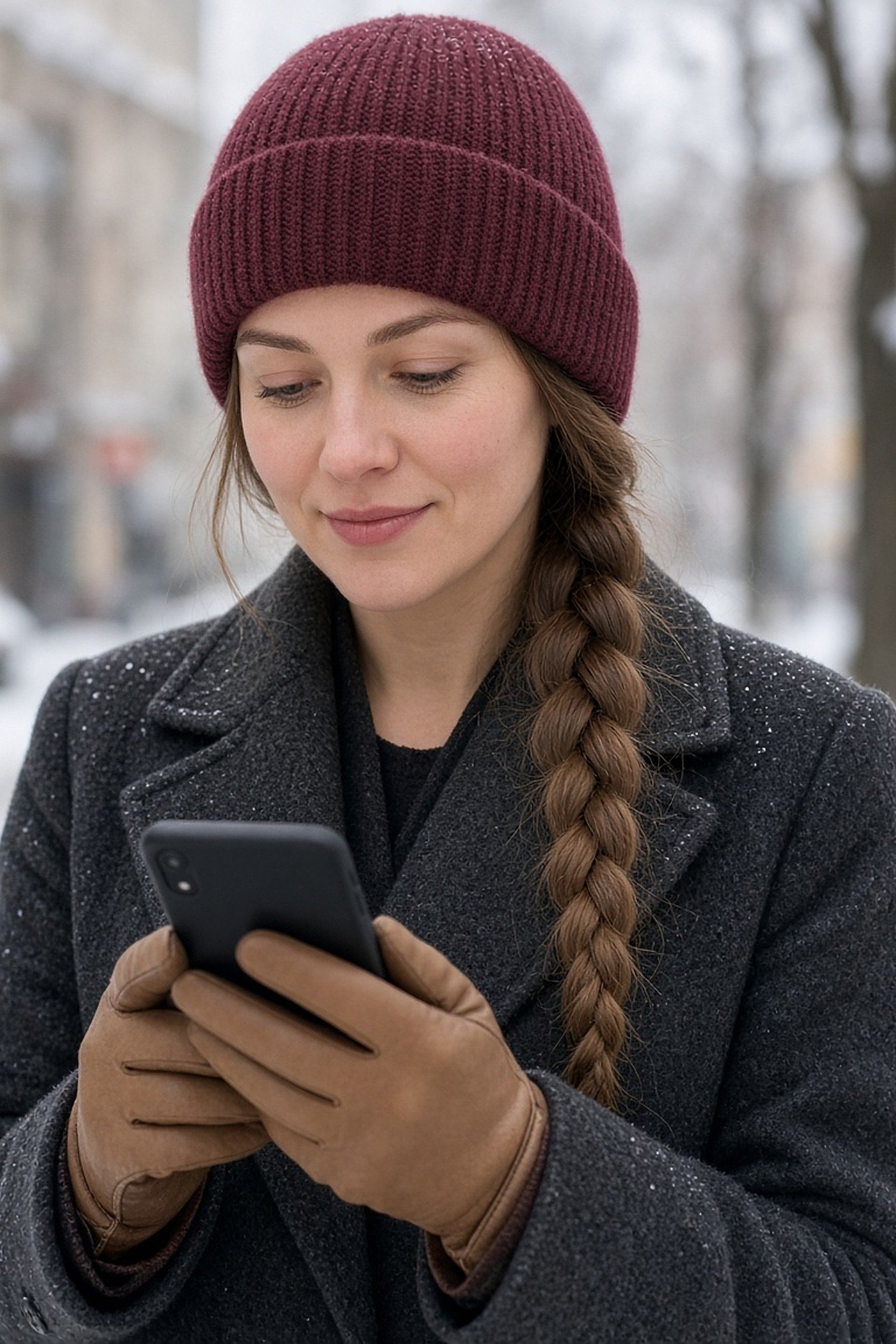Woman in her 30s wearing tan leather gloves while using her phone