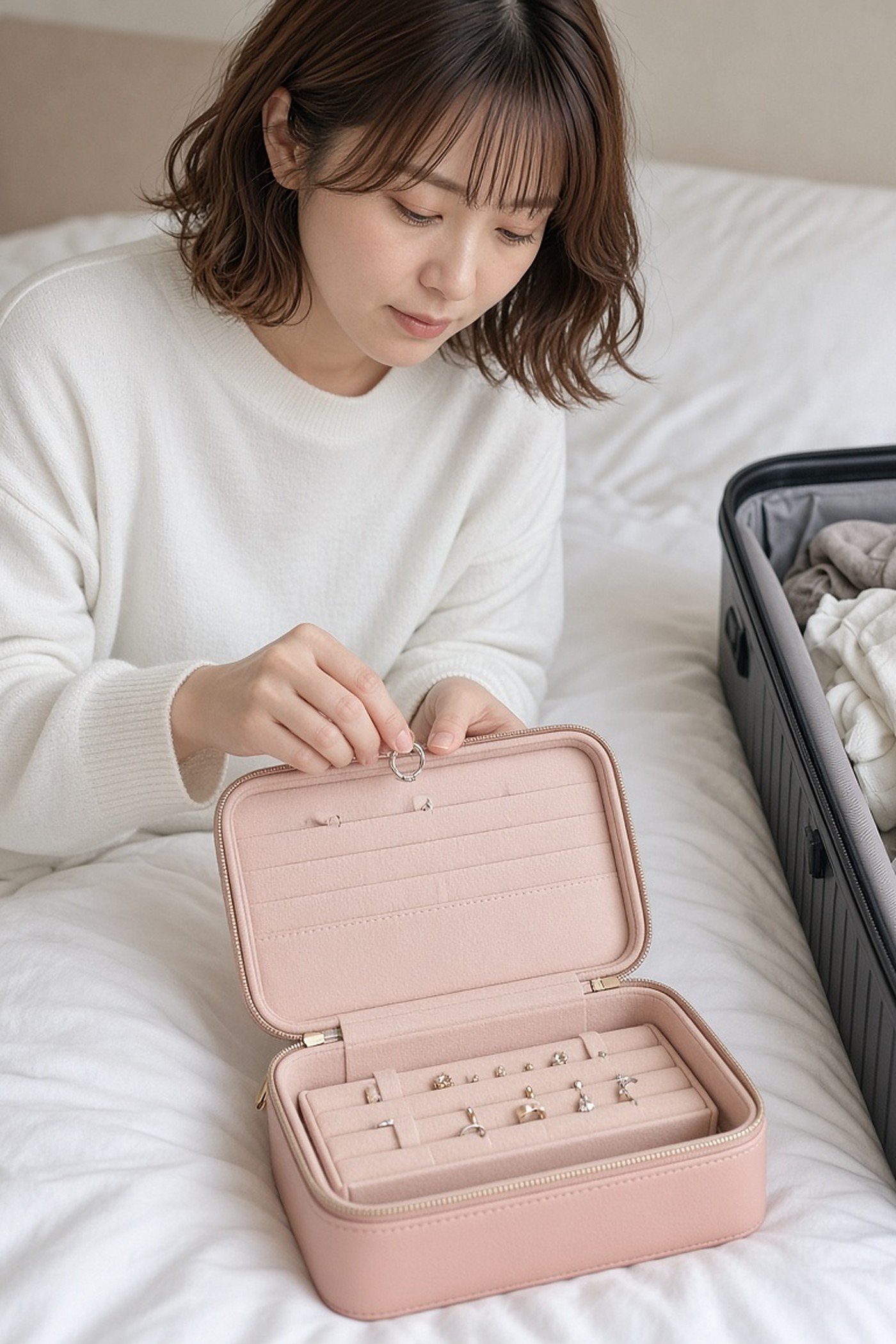 Woman in her 30s packing a pink travel jewelry case