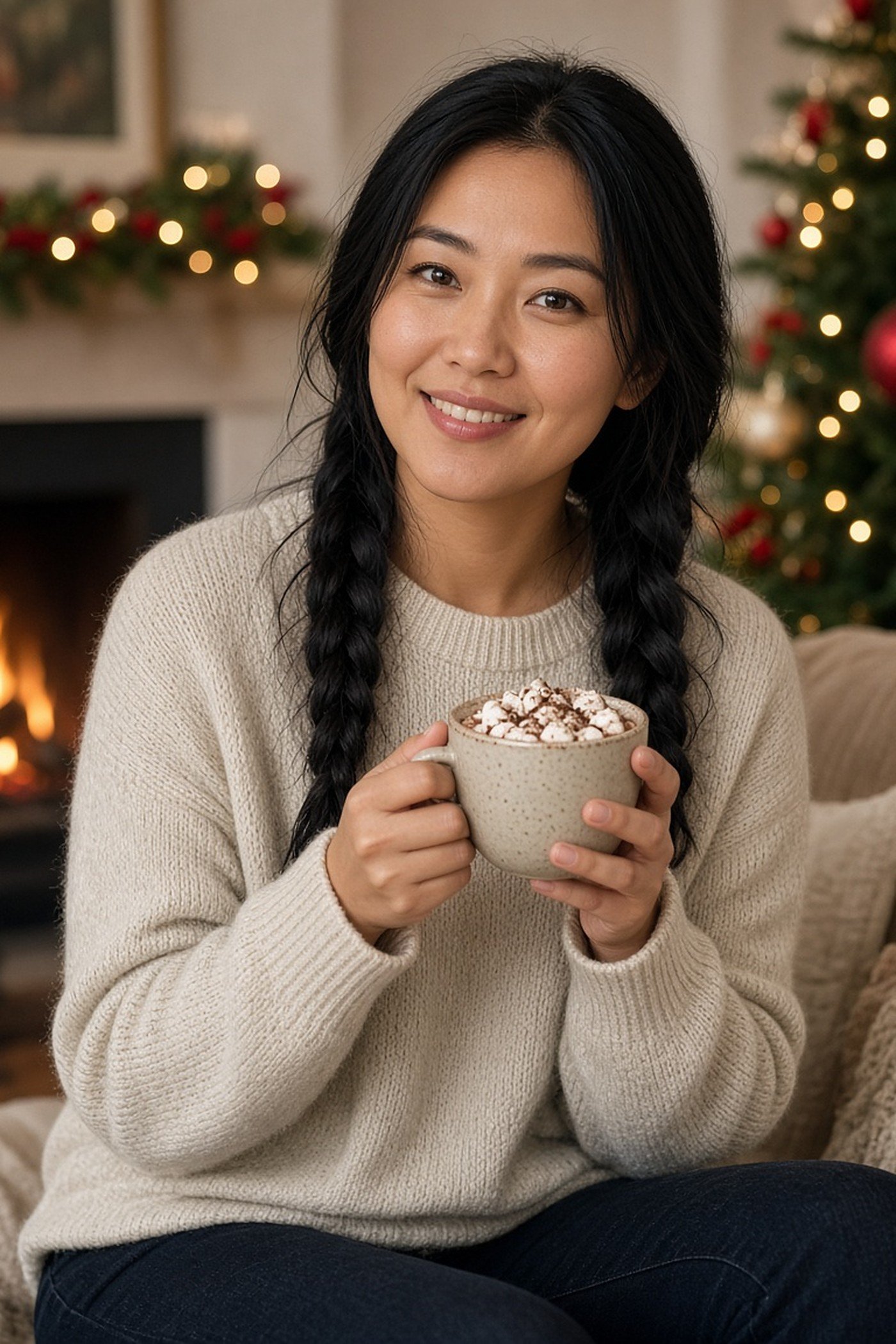 Woman in her 30s in a cream knit sweater by the fireplace