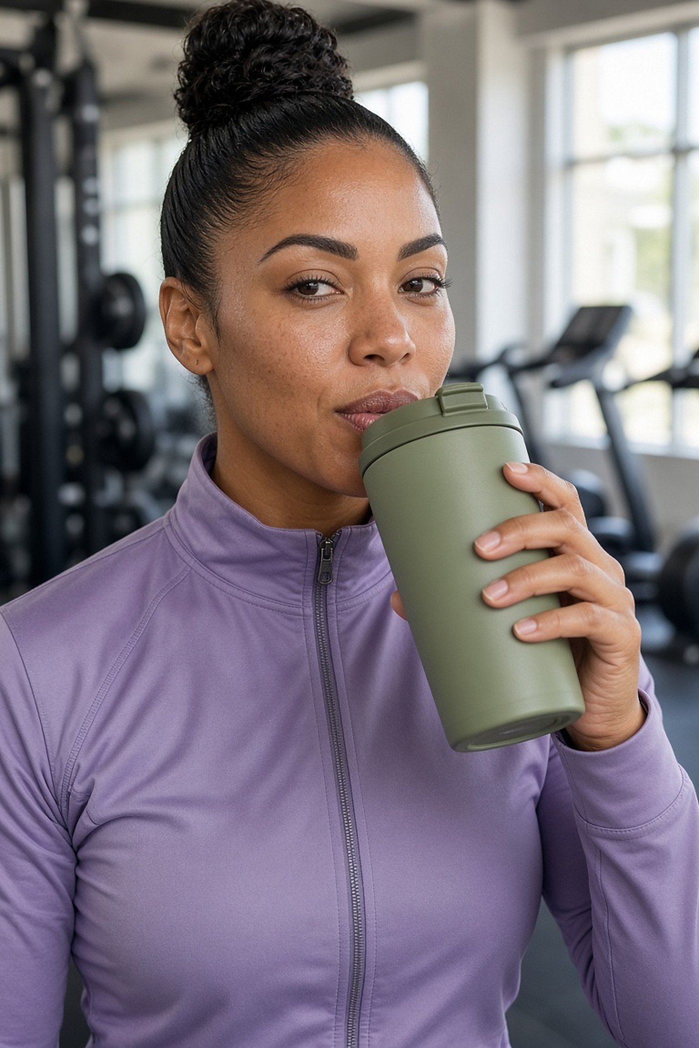 Woman in her 30s drinking from a sage insulated tumbler at the gym