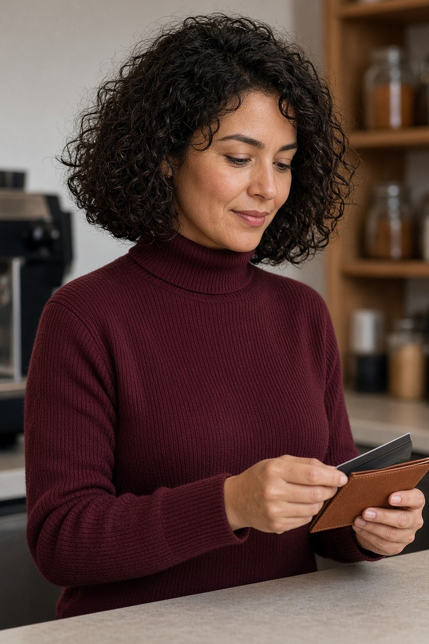 Woman in her 30s using a slim tan leather card holder at a cafe