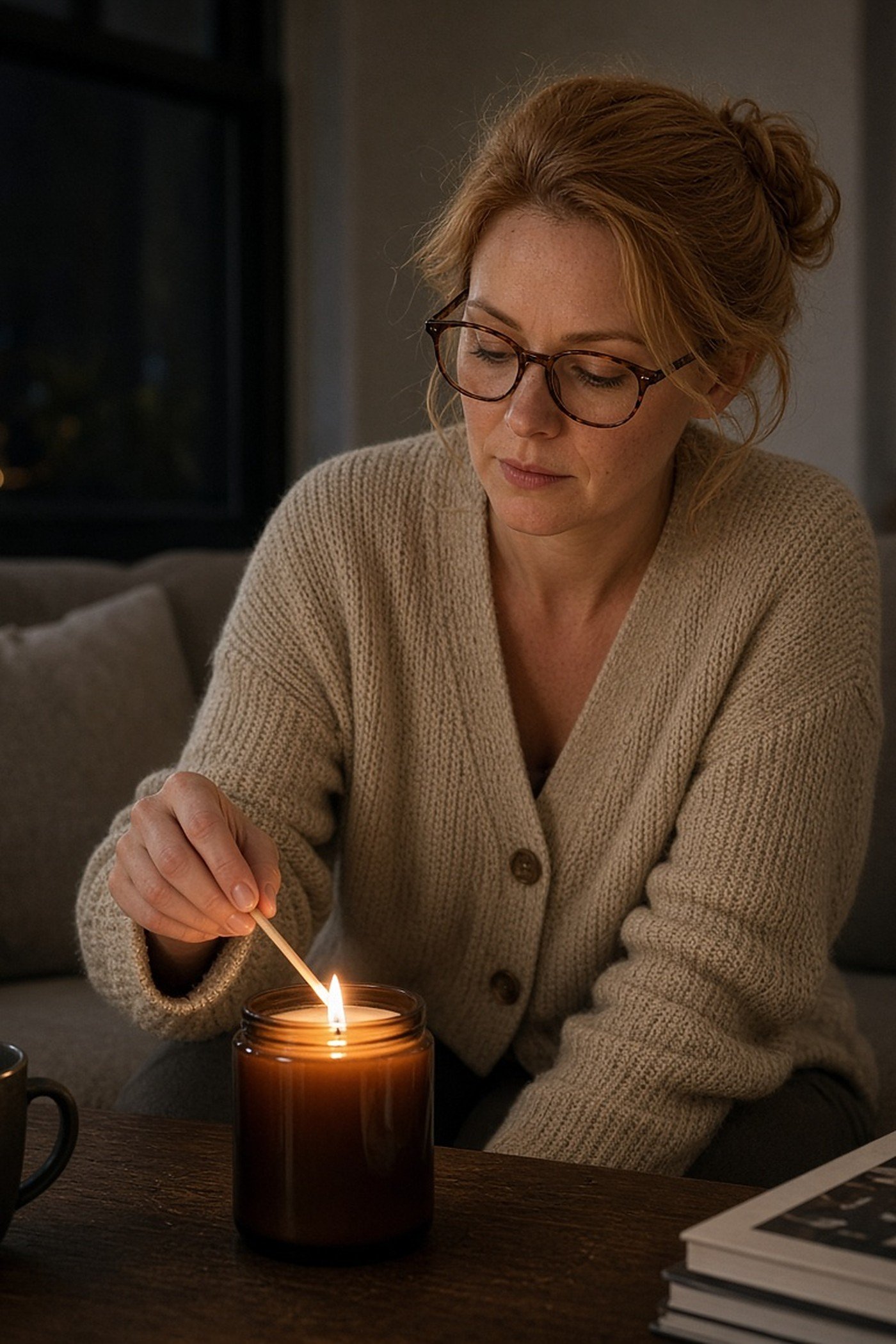 Woman in her 30s lighting a luxury candle on a winter evening