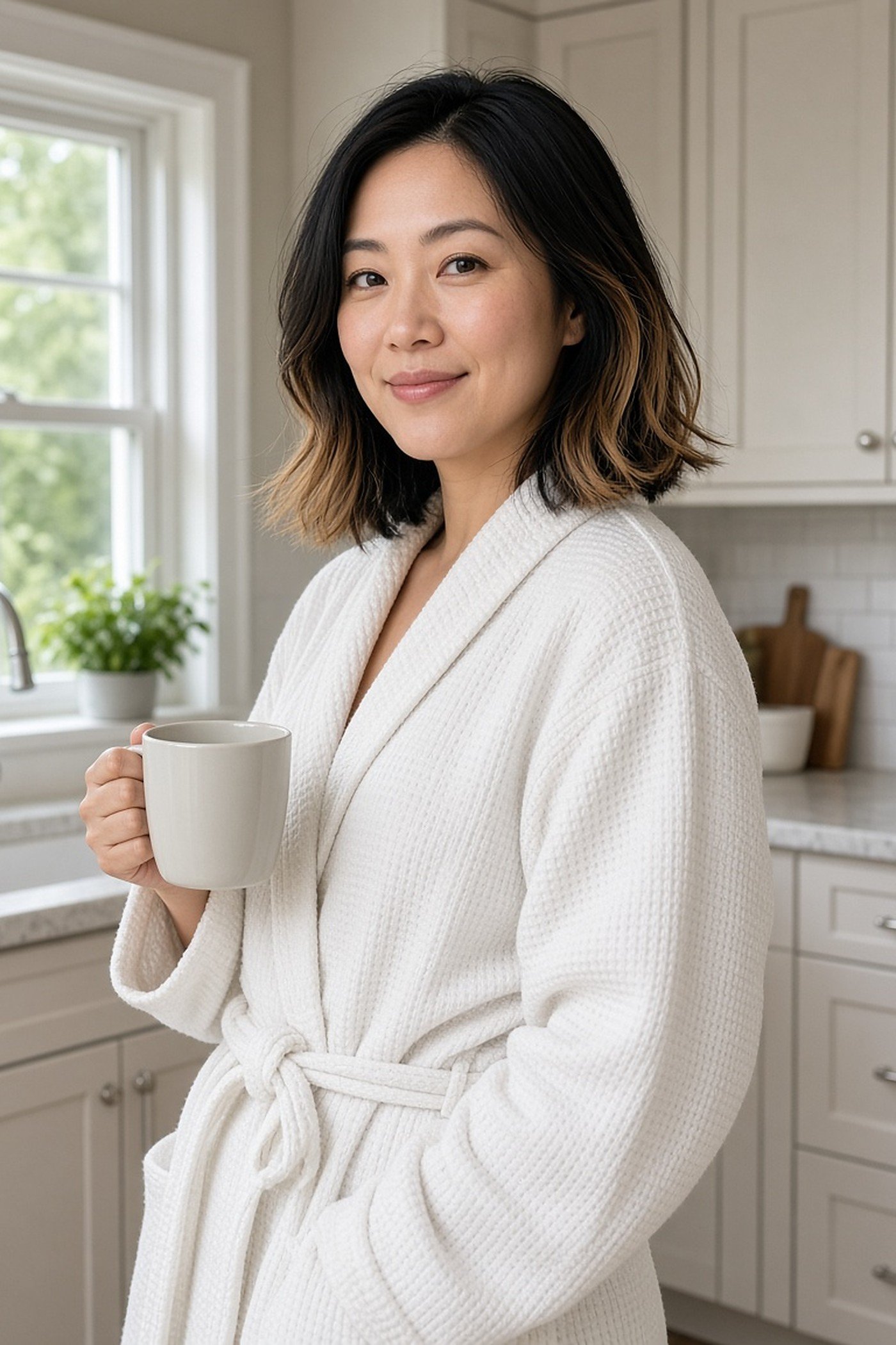 Woman in her 30s in a white waffle robe with a coffee mug