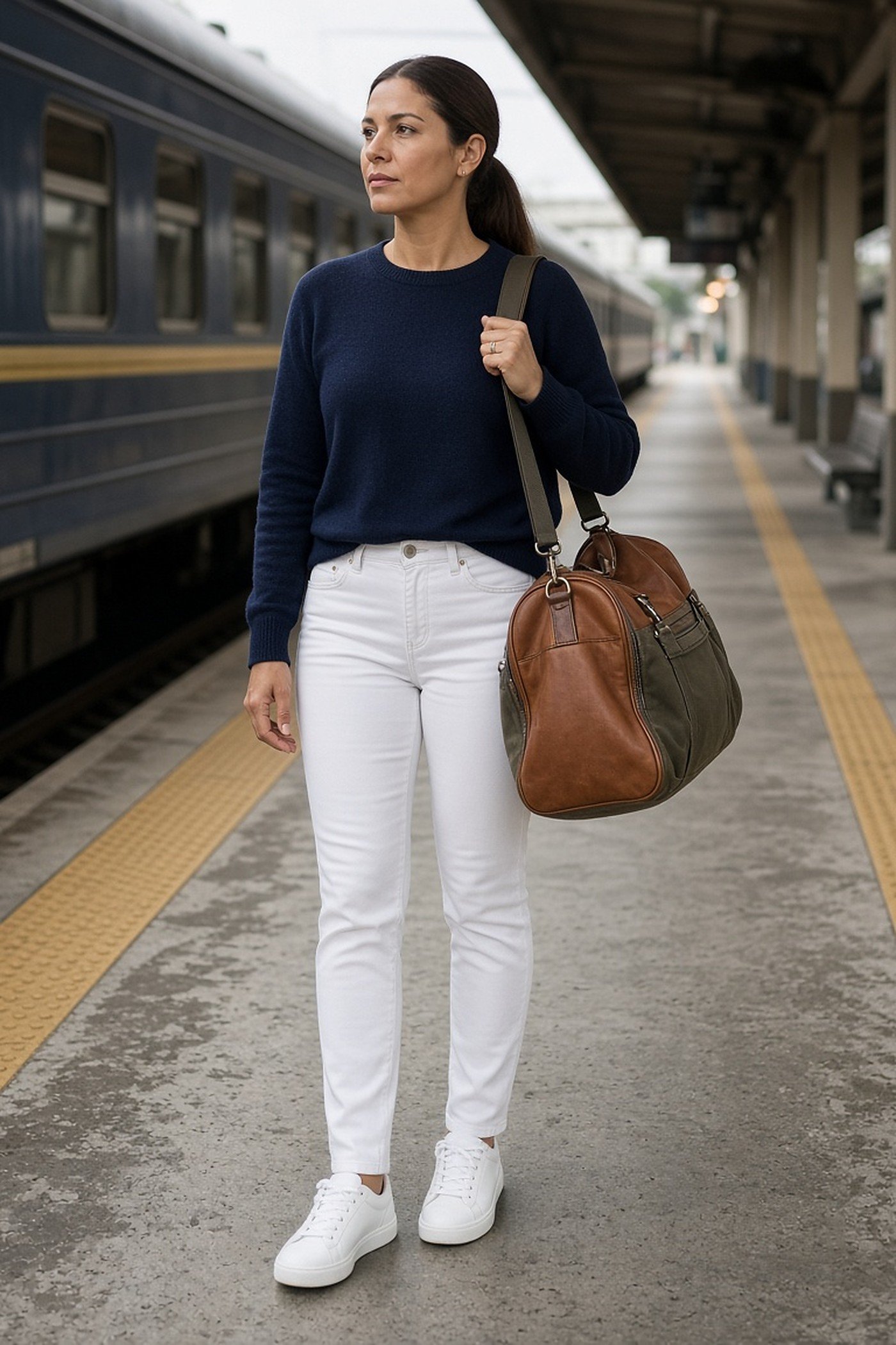Woman in her 30s carrying a leather and canvas weekender bag at a train station
