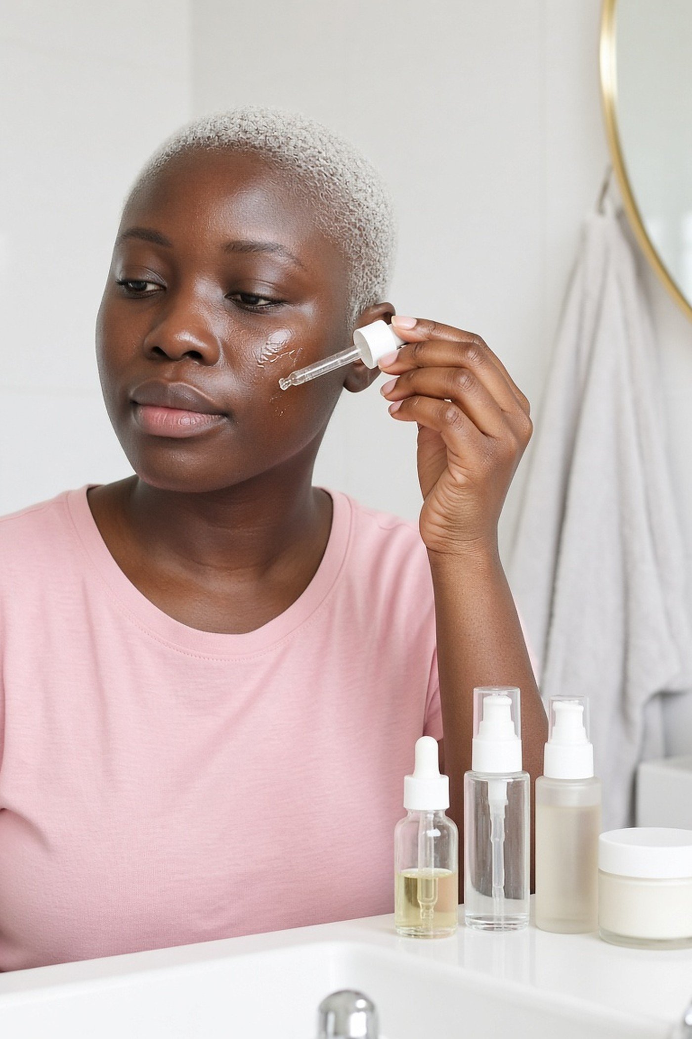 Woman in her 30s applying serum from a skincare set