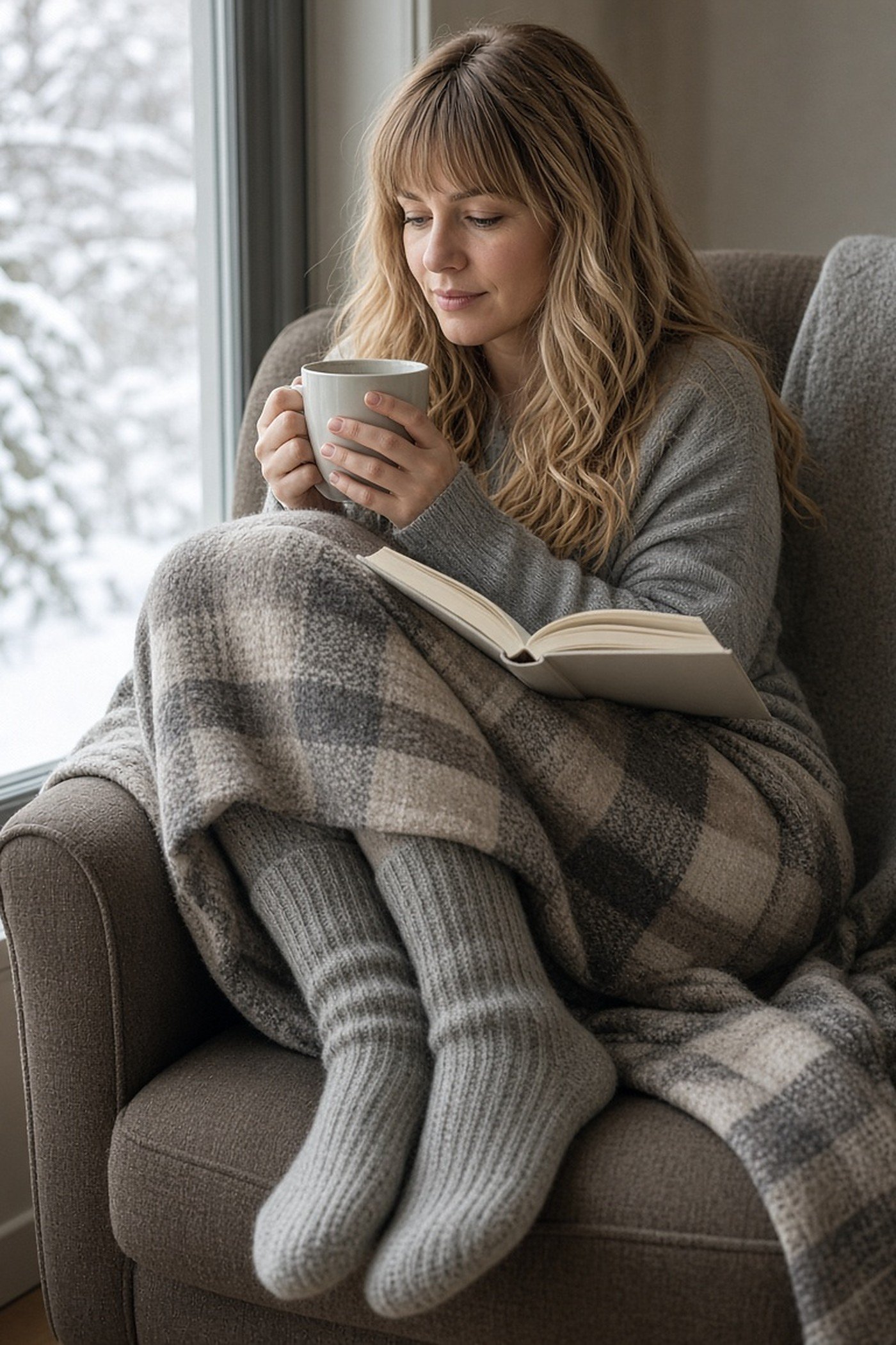 Woman in her 30s in gray cashmere socks reading by a snowy window