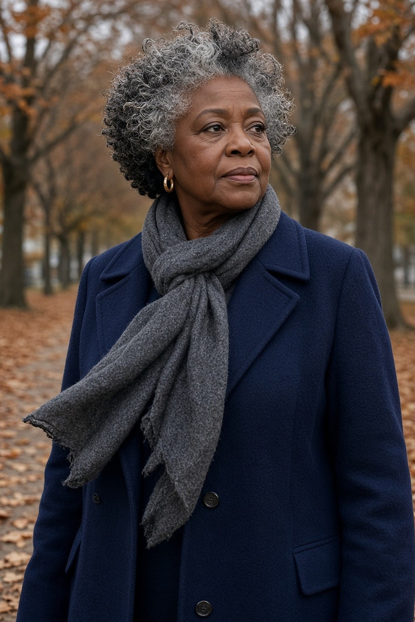 Woman over 60 in a navy coat with a gray scarf knotted at the neck