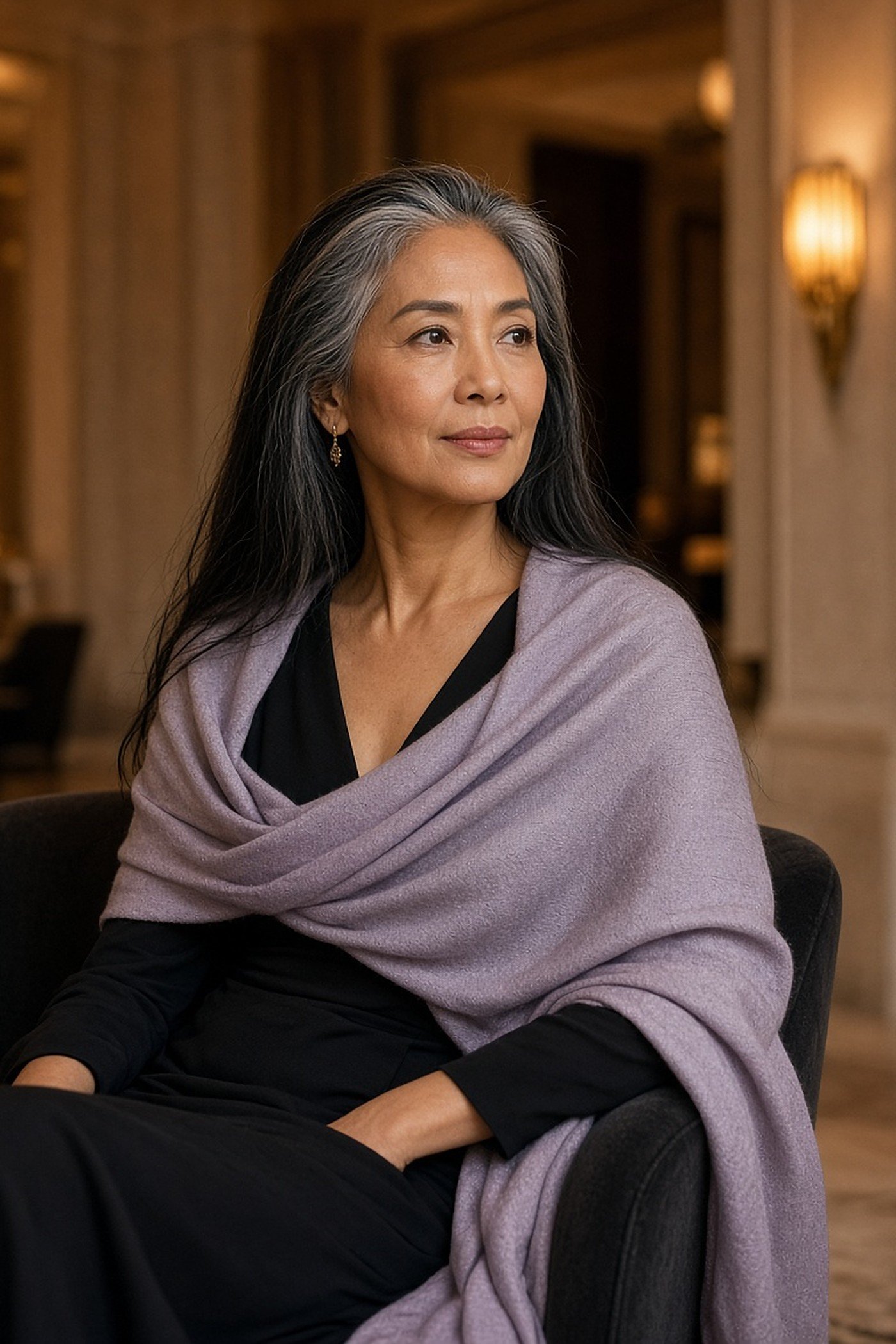 Woman over 60 with a lavender pashmina over a black dress