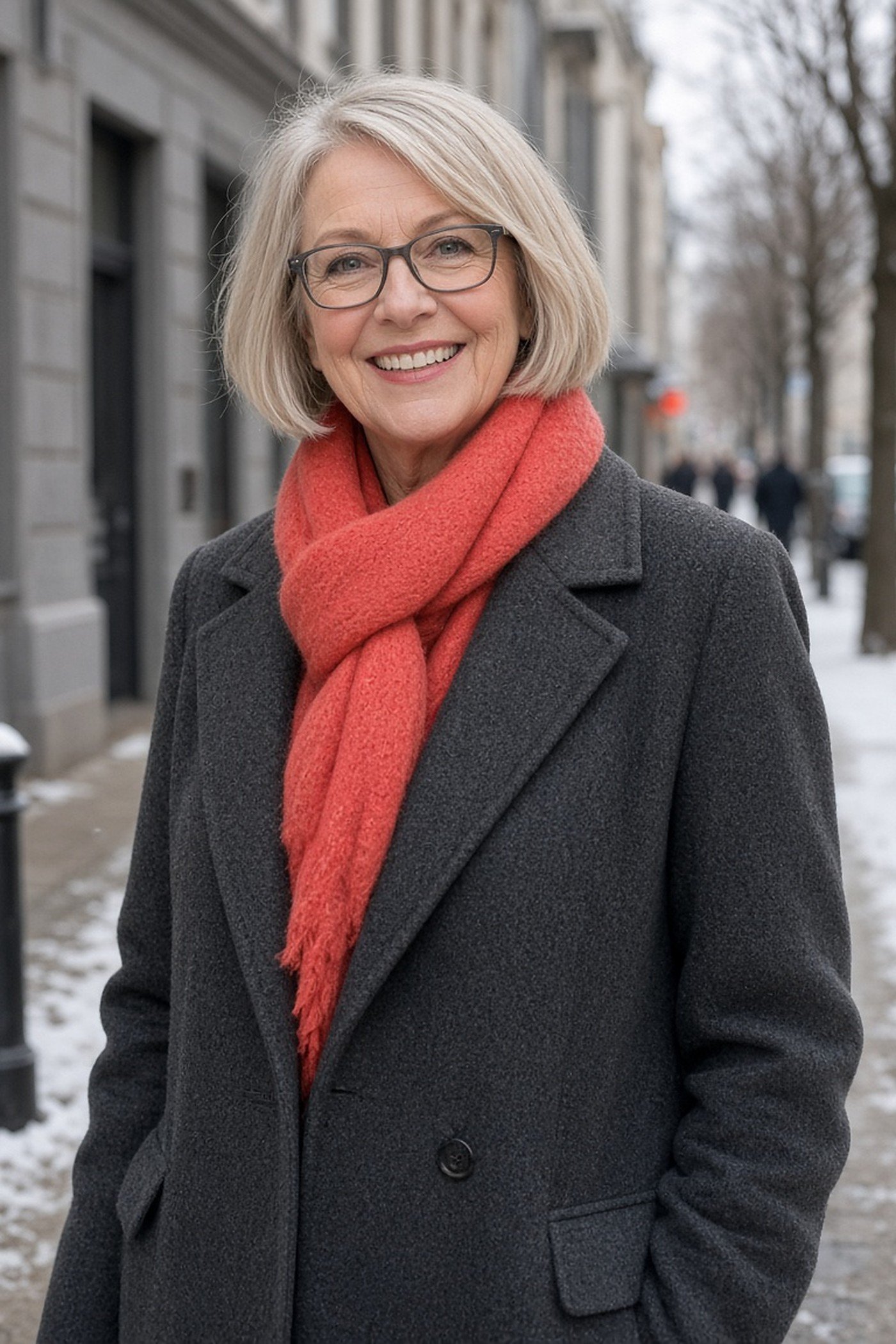 Woman over 60 in a gray coat with a bright coral scarf