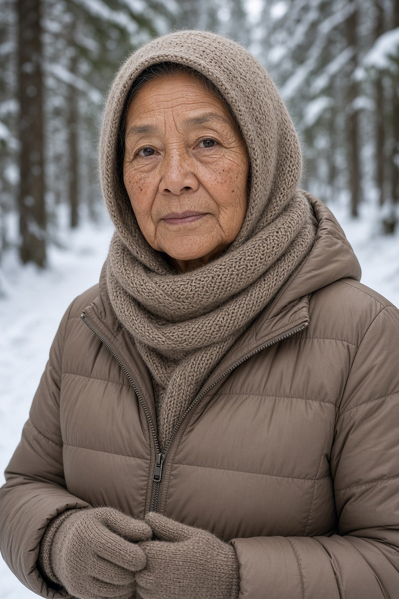 Woman over 60 in a taupe knit snood hood on a snowy trail