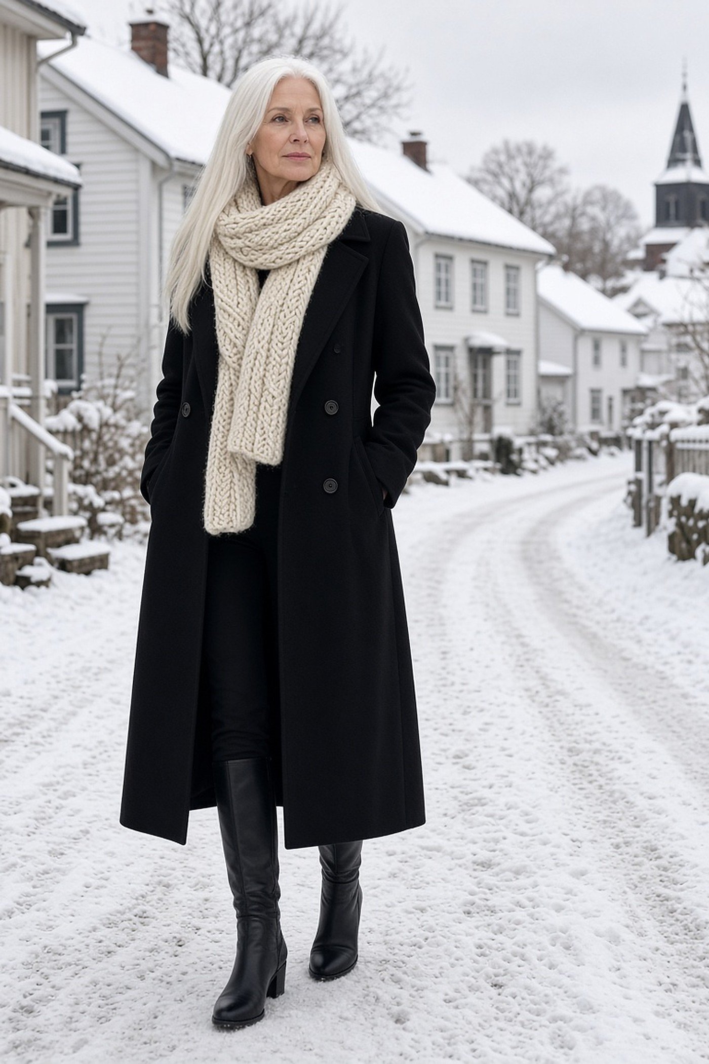Woman over 60 in a black coat with a chunky cream knit scarf