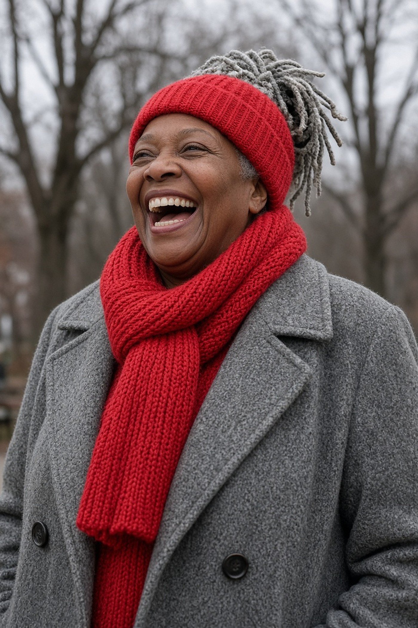 Woman over 60 in a matching red knit hat and scarf