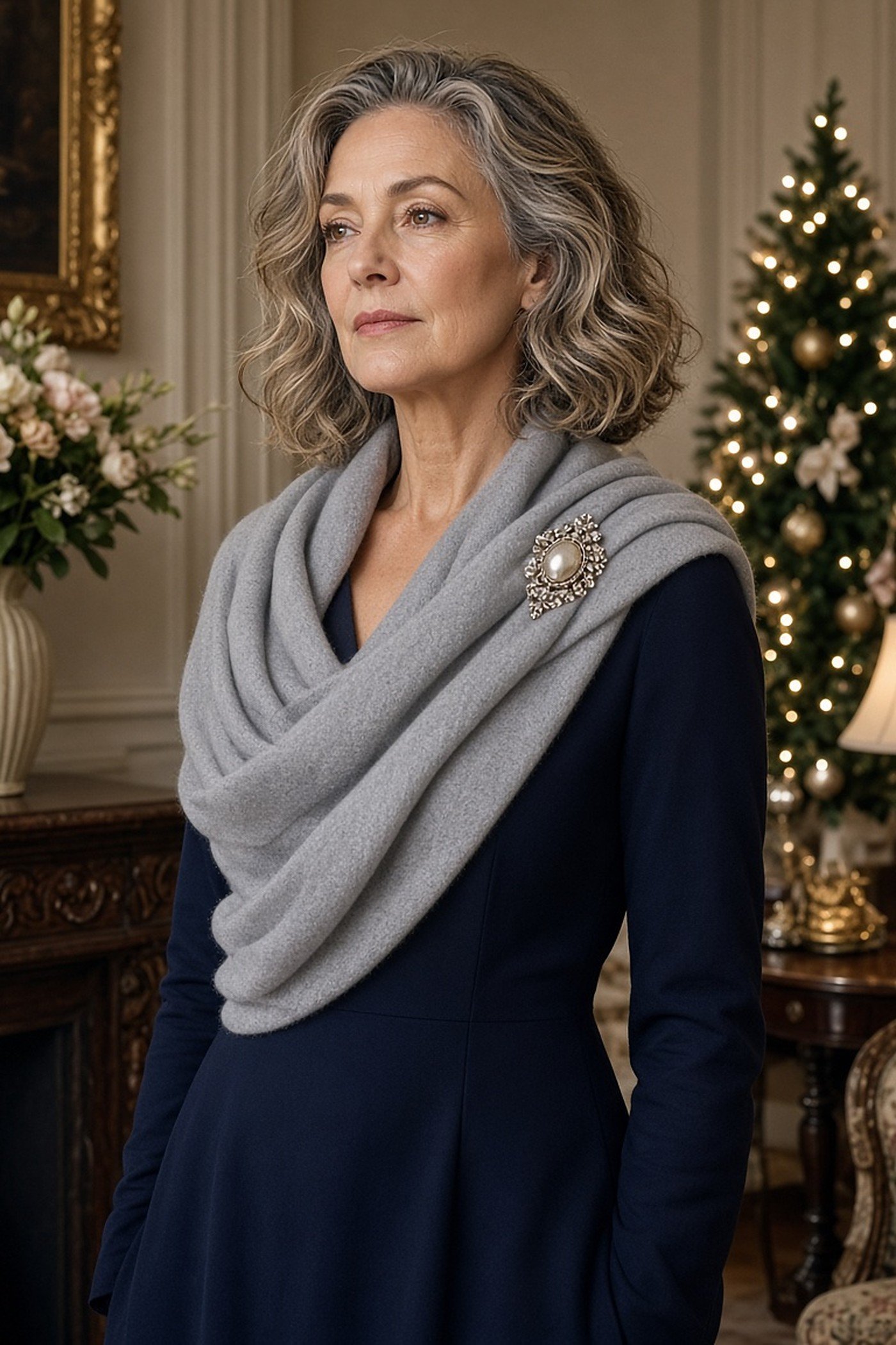 Woman over 60 with a gray wrap secured by a pearl brooch