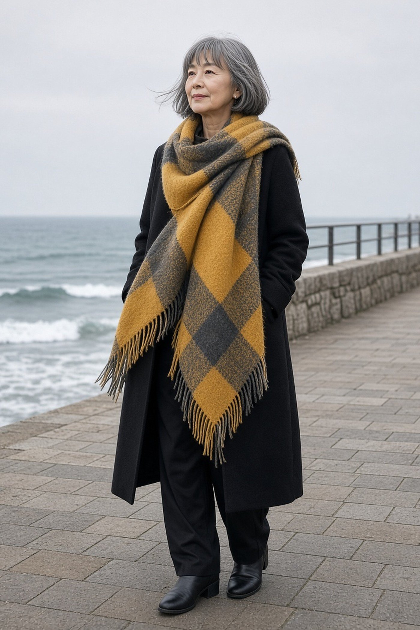Woman over 60 wearing a mustard plaid blanket scarf as a shawl