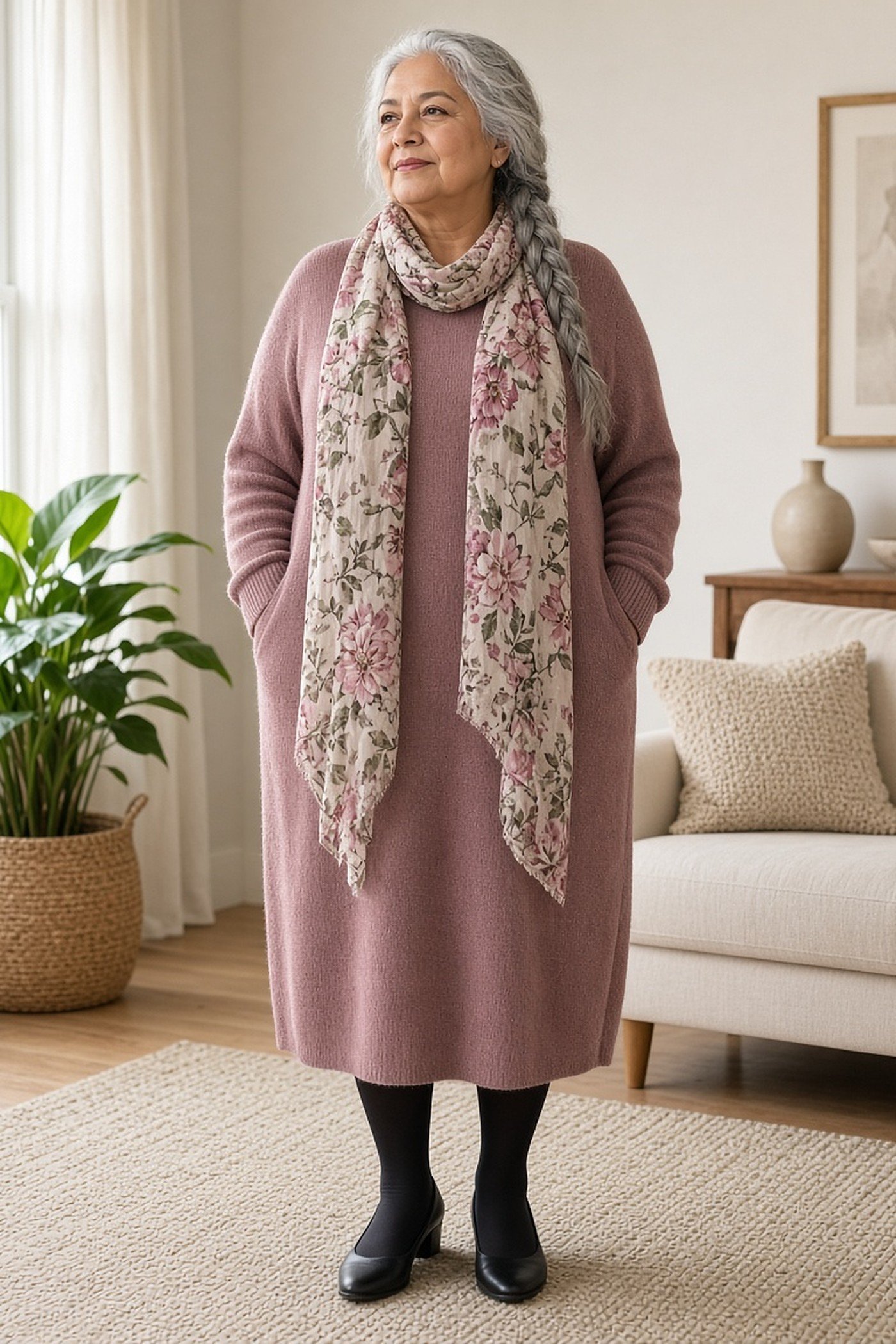 Woman over 60 with a floral scarf loosely draped over a sweater dress