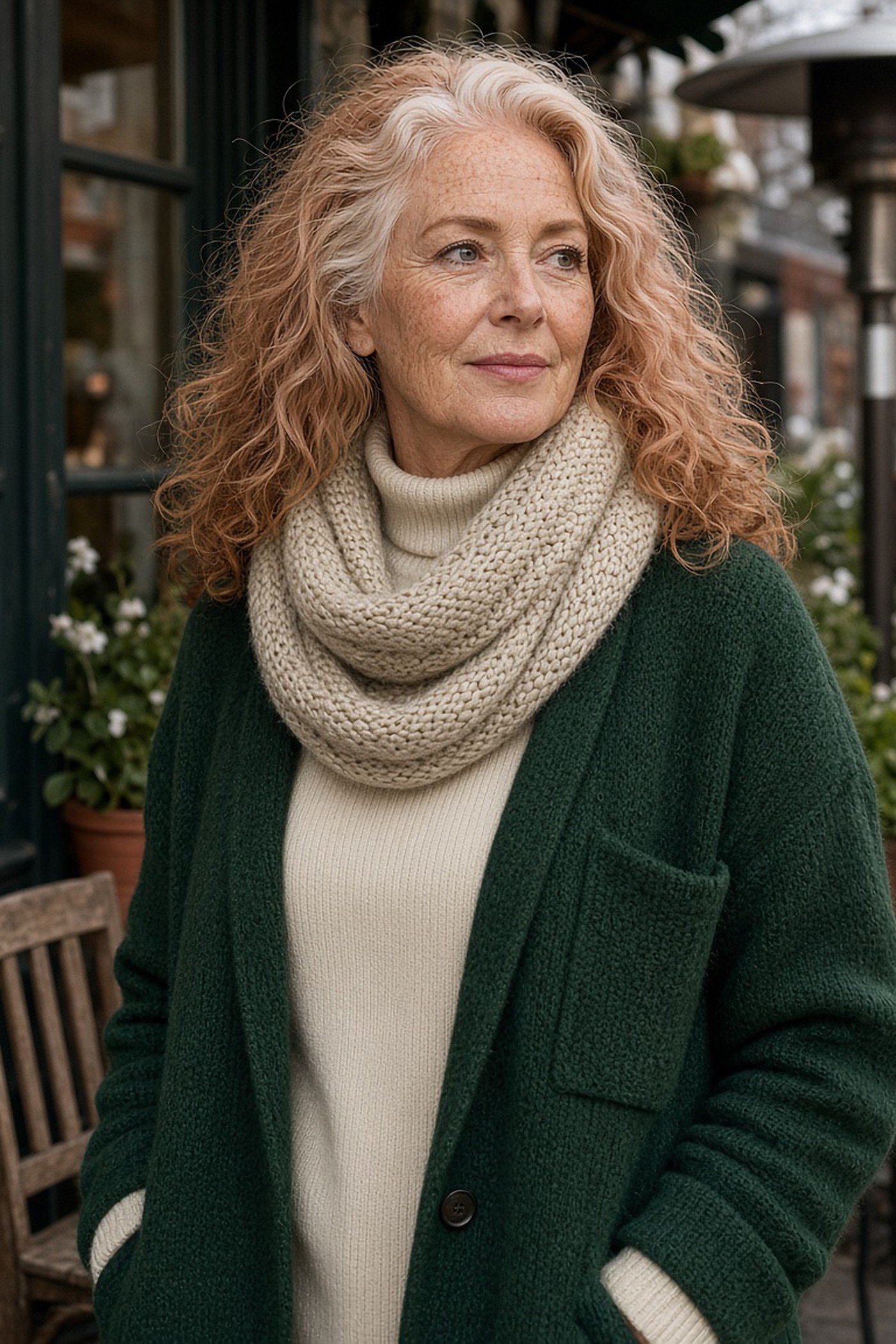Woman over 60 in a green cardigan with a doubled infinity scarf
