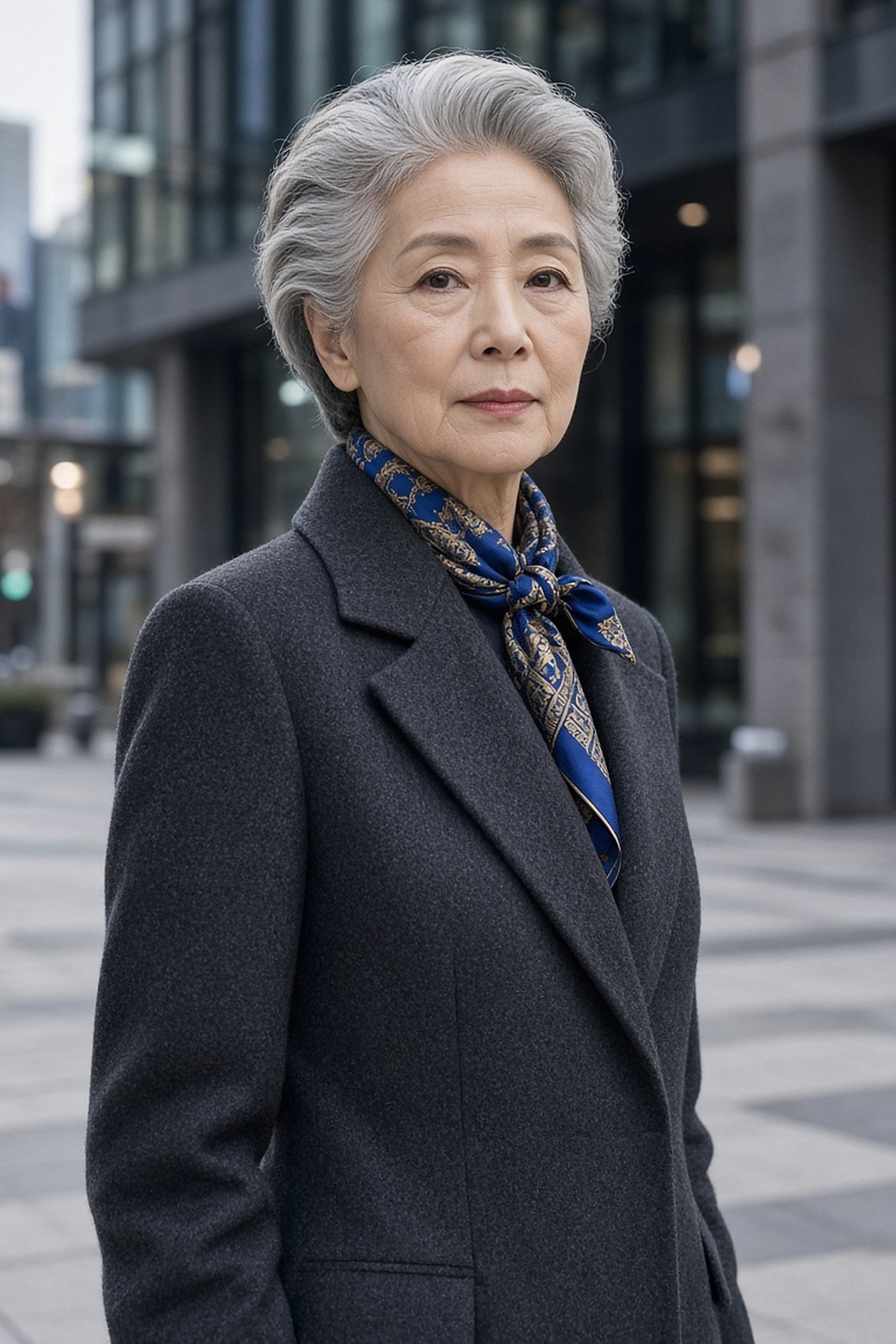 Woman over 60 with a blue silk scarf tied under a charcoal coat collar