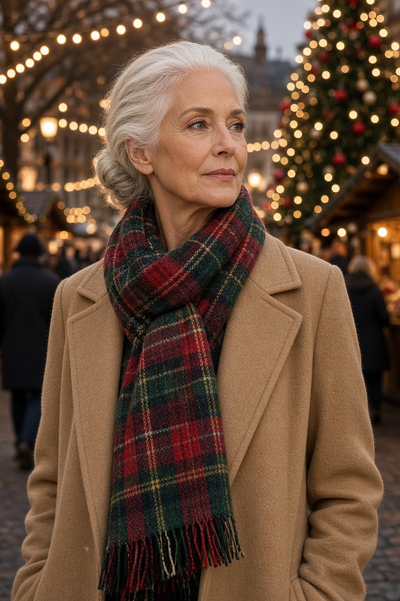 Woman over 60 in a camel coat with a red and green tartan scarf