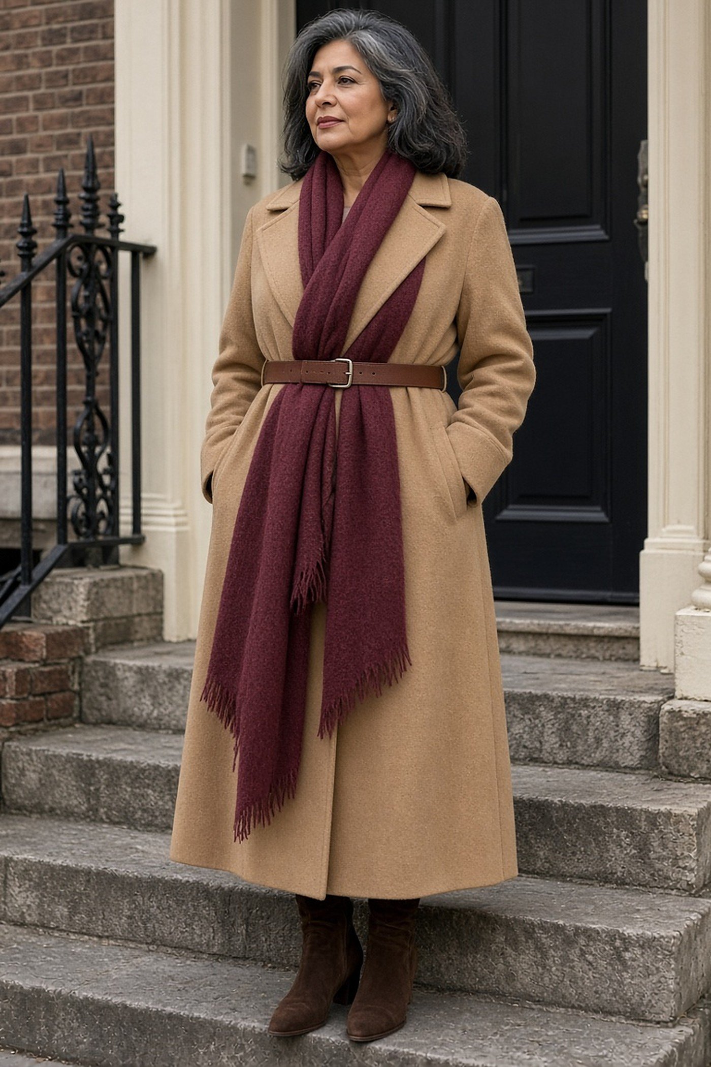 Woman over 60 with a burgundy scarf belted over a camel wrap coat