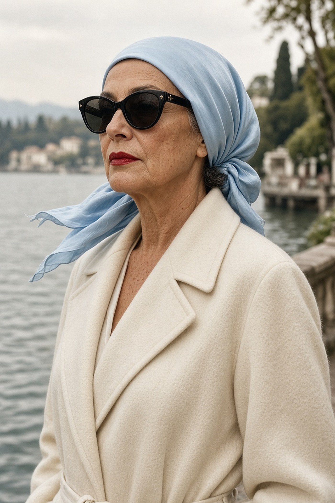 Woman over 60 in a blue silk head scarf and sunglasses