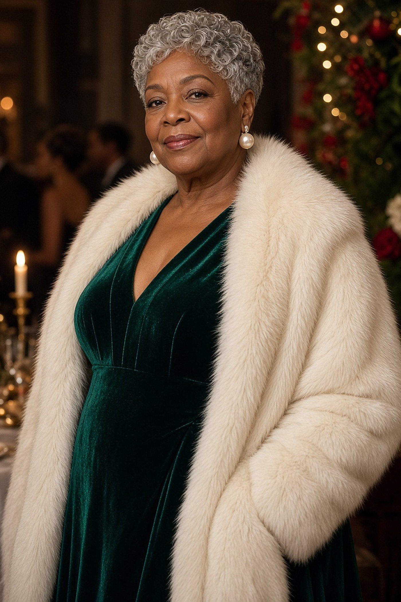 Woman over 60 in a velvet dress with a cream faux fur stole