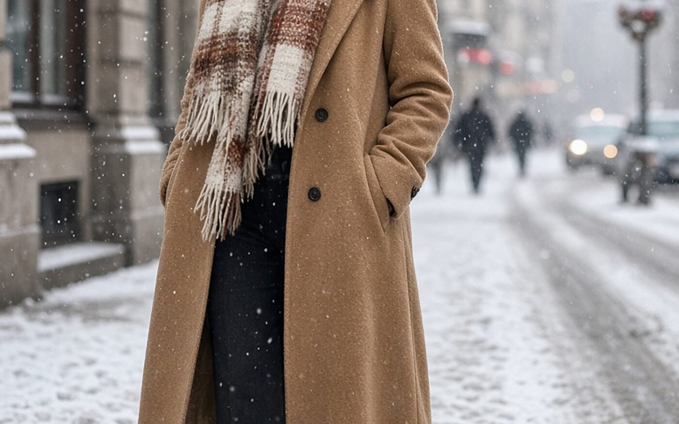 Woman over 60 in a camel coat and plaid winter scarf on a snowy street