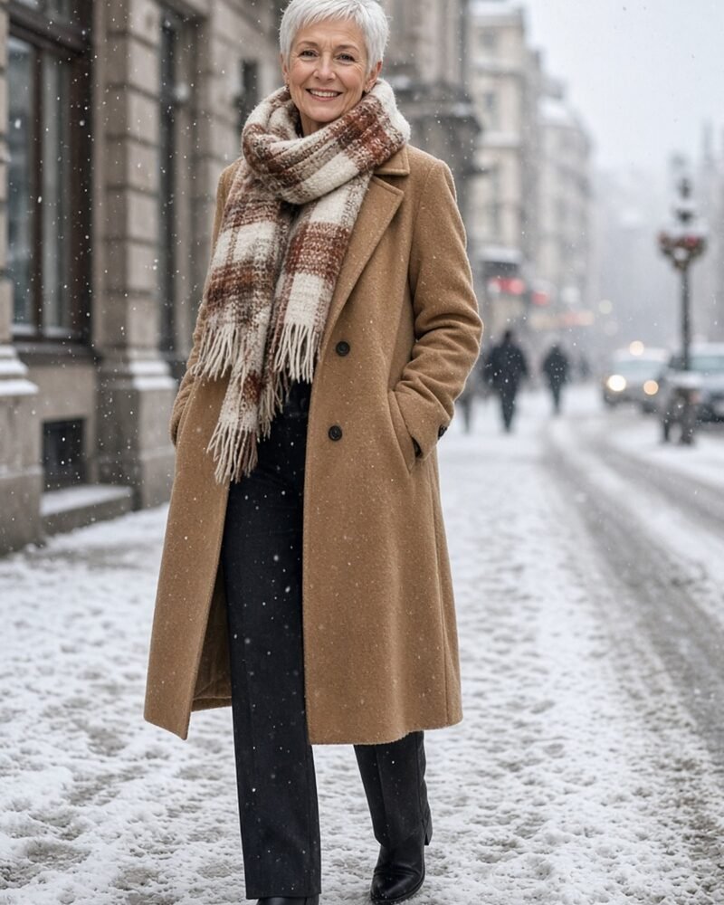 Woman over 60 in a camel coat and plaid winter scarf on a snowy street