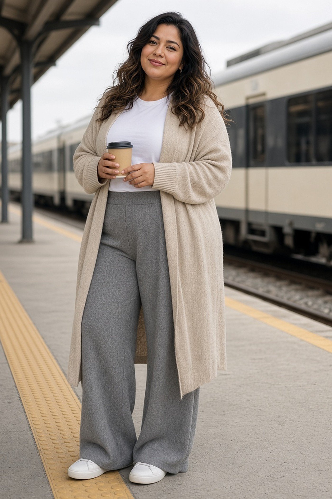 Curvy woman in gray wide-leg knit trousers and long oatmeal cardigan at a train platform